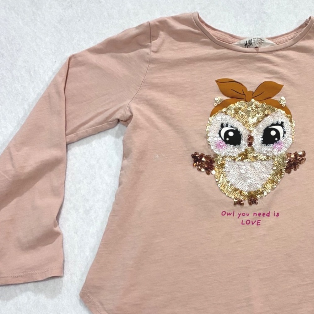 H&M Girls Owl Sequin Long Sleeve Cotton Top Pink Cute Casual‎ Size 6X/7 - Picture 4 of 8